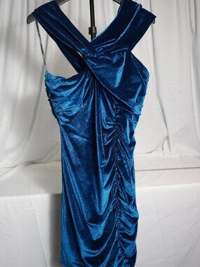 ZAC POSEN Velvet Cocktail Dress – Women’s Size 6 – Teal Blue Ruched Bodycon